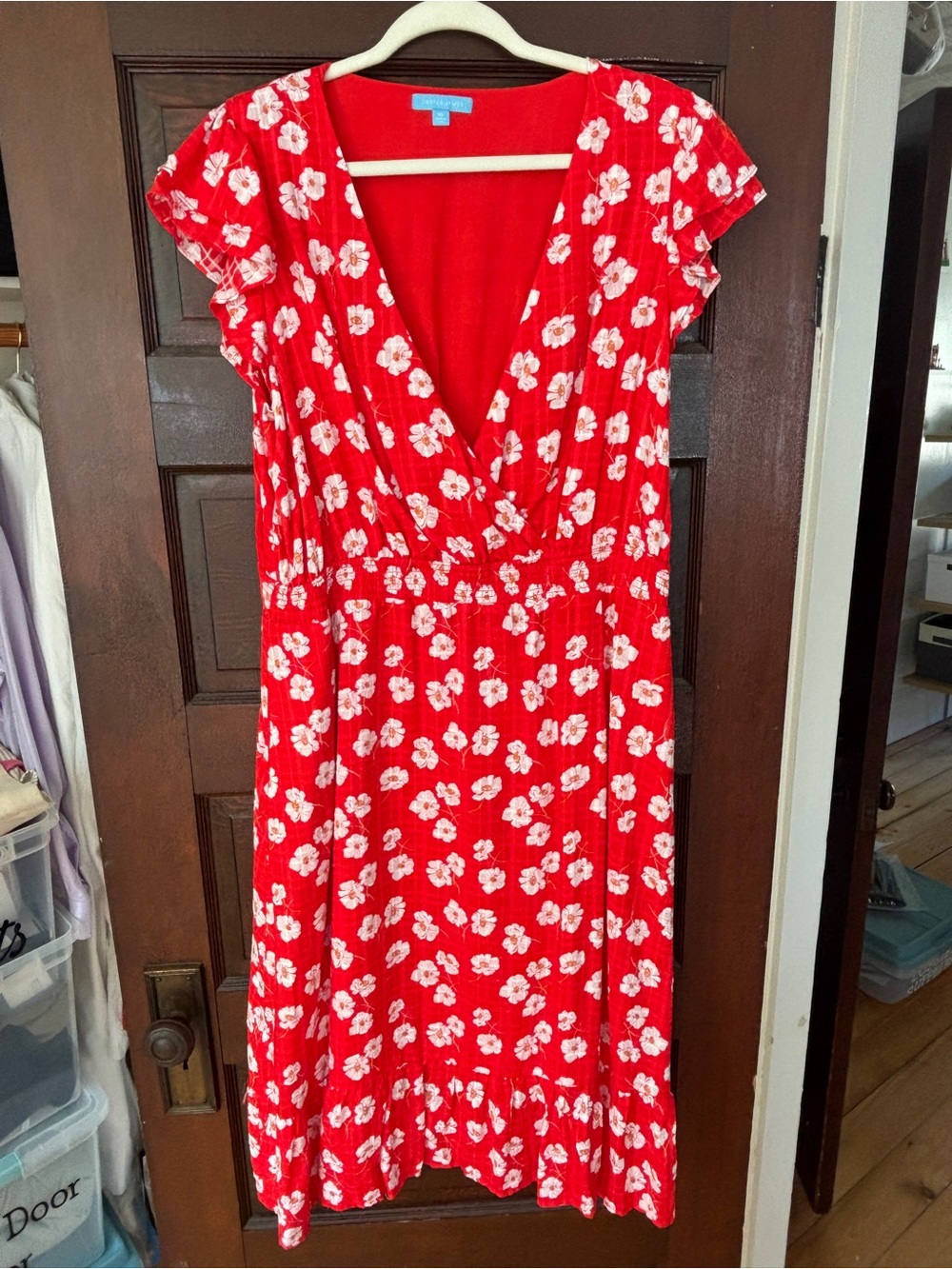 Draper James Red White Floral Wrap-Style Midi Dress